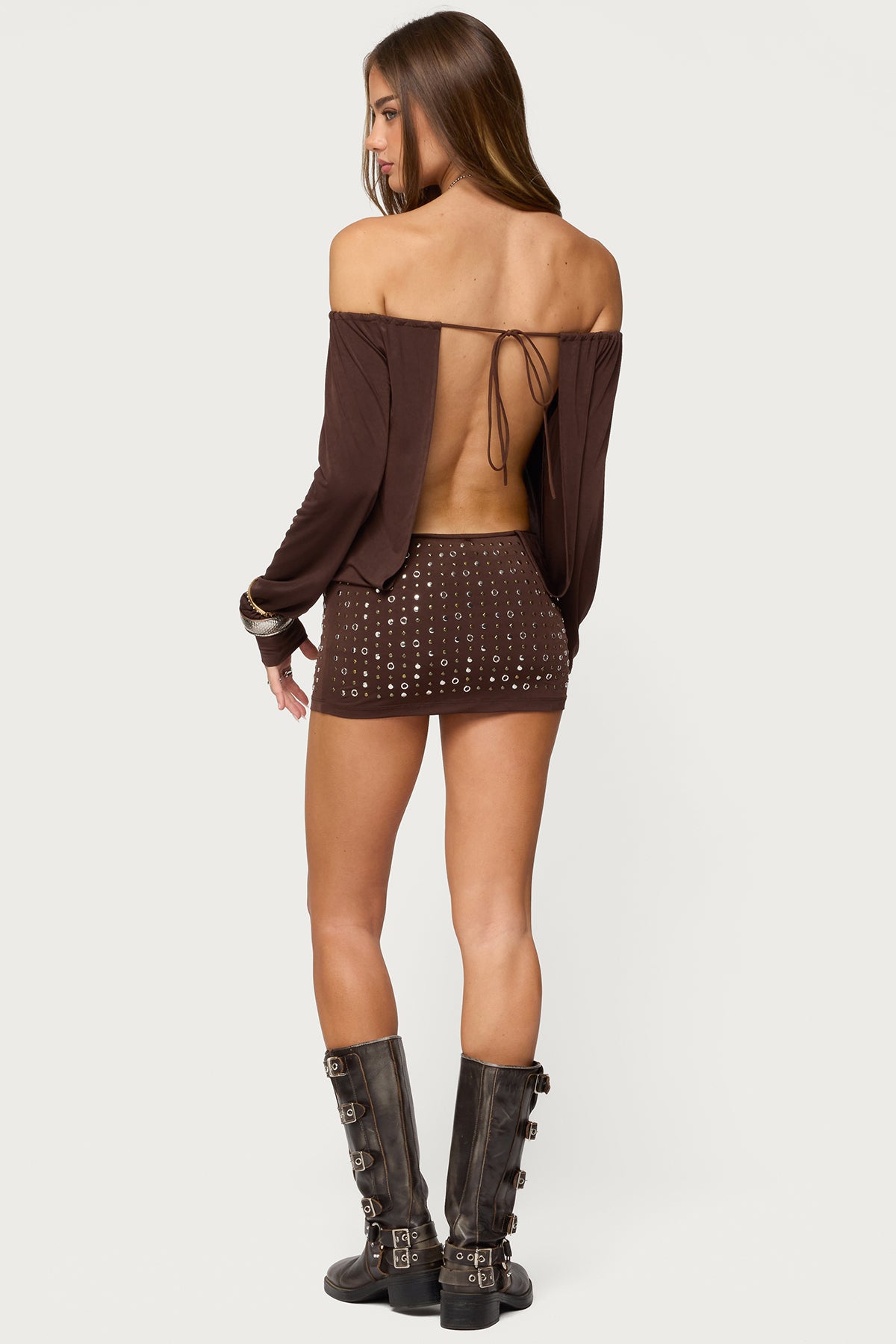 Studded Off Shoulder Backless Romper
