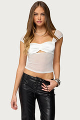 Sheer Mesh & Satin Effect Cutout Top