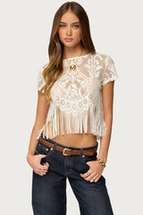 Kira Sheer Lace Fringe Top