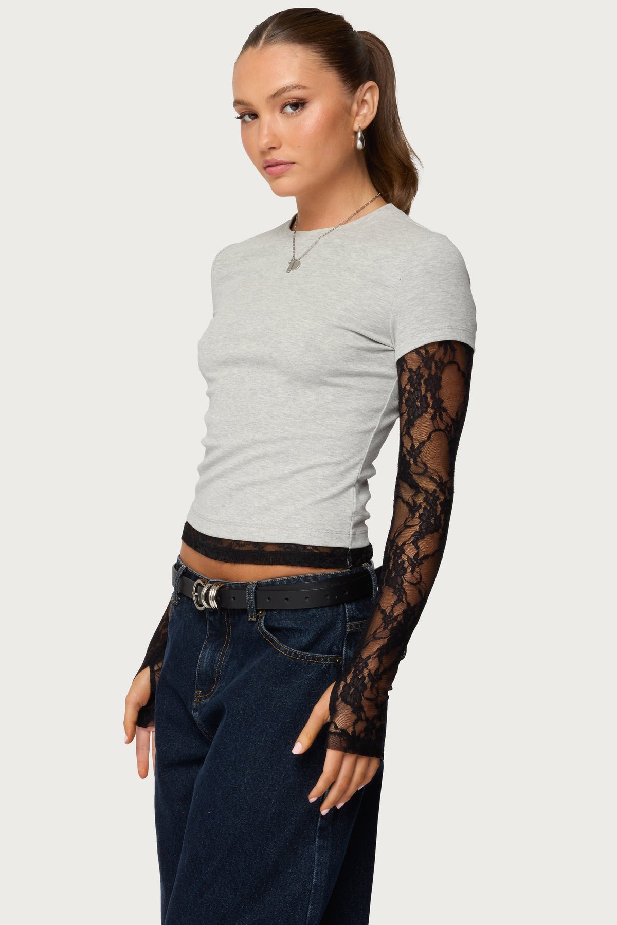 Layered Lace Sleeve T Shirt