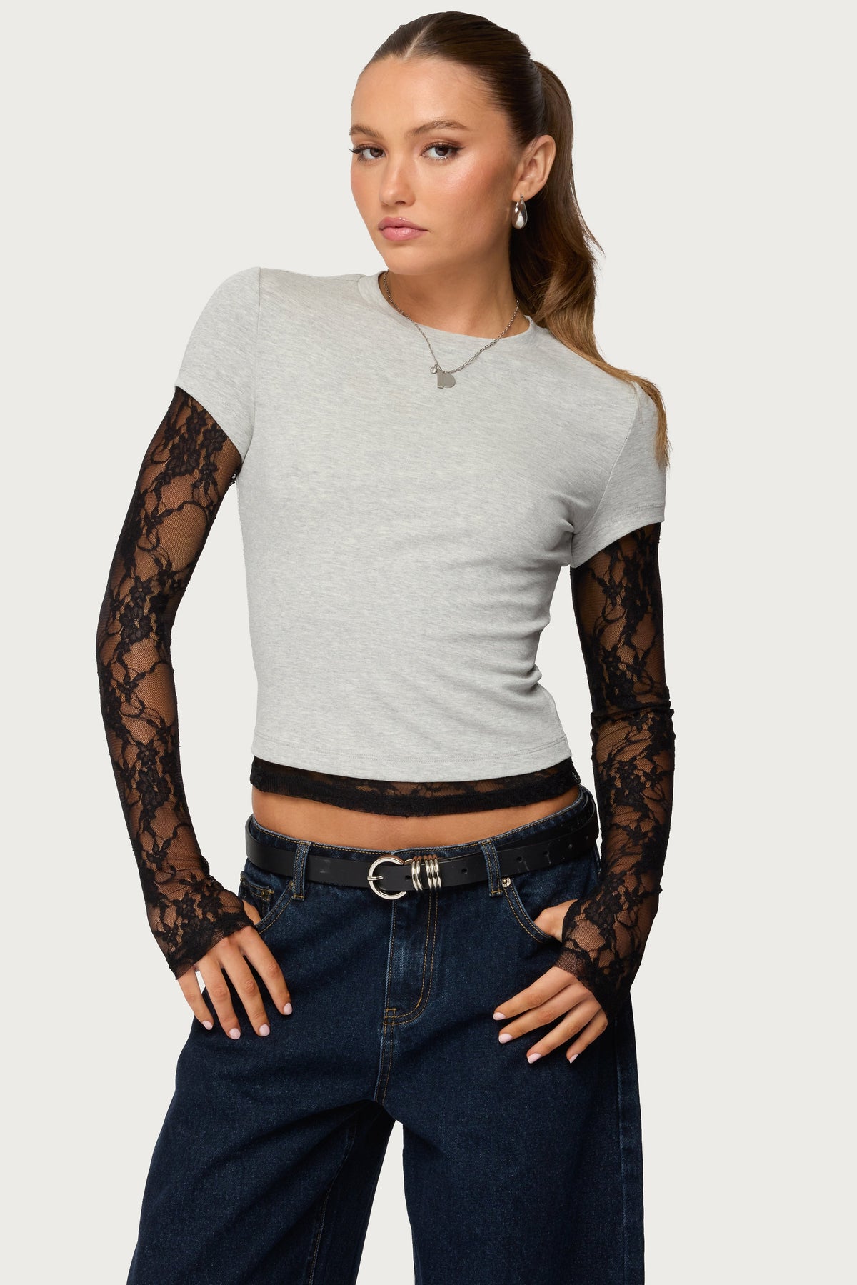 Layered Lace Sleeve T Shirt