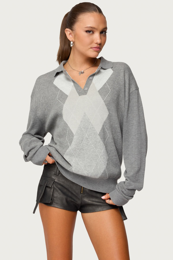 Kati Argyle Oversized Polo Sweater