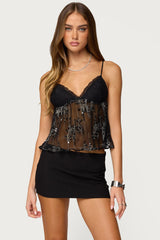 Sequin Sheer Mesh Babydoll Top