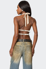 Studded Split Front Backless Halter Top