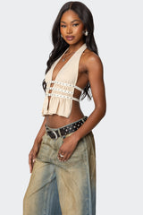 Studded Split Front Backless Halter Top