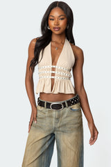 Studded Split Front Backless Halter Top