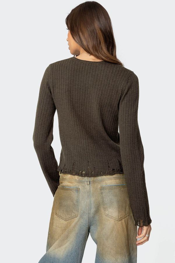 Distressed Ribbed Knit Sweater