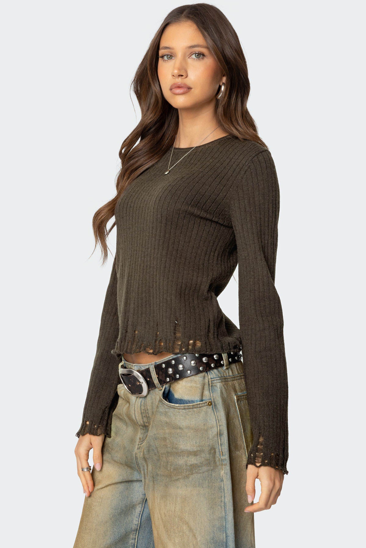 Distressed Ribbed Knit Sweater