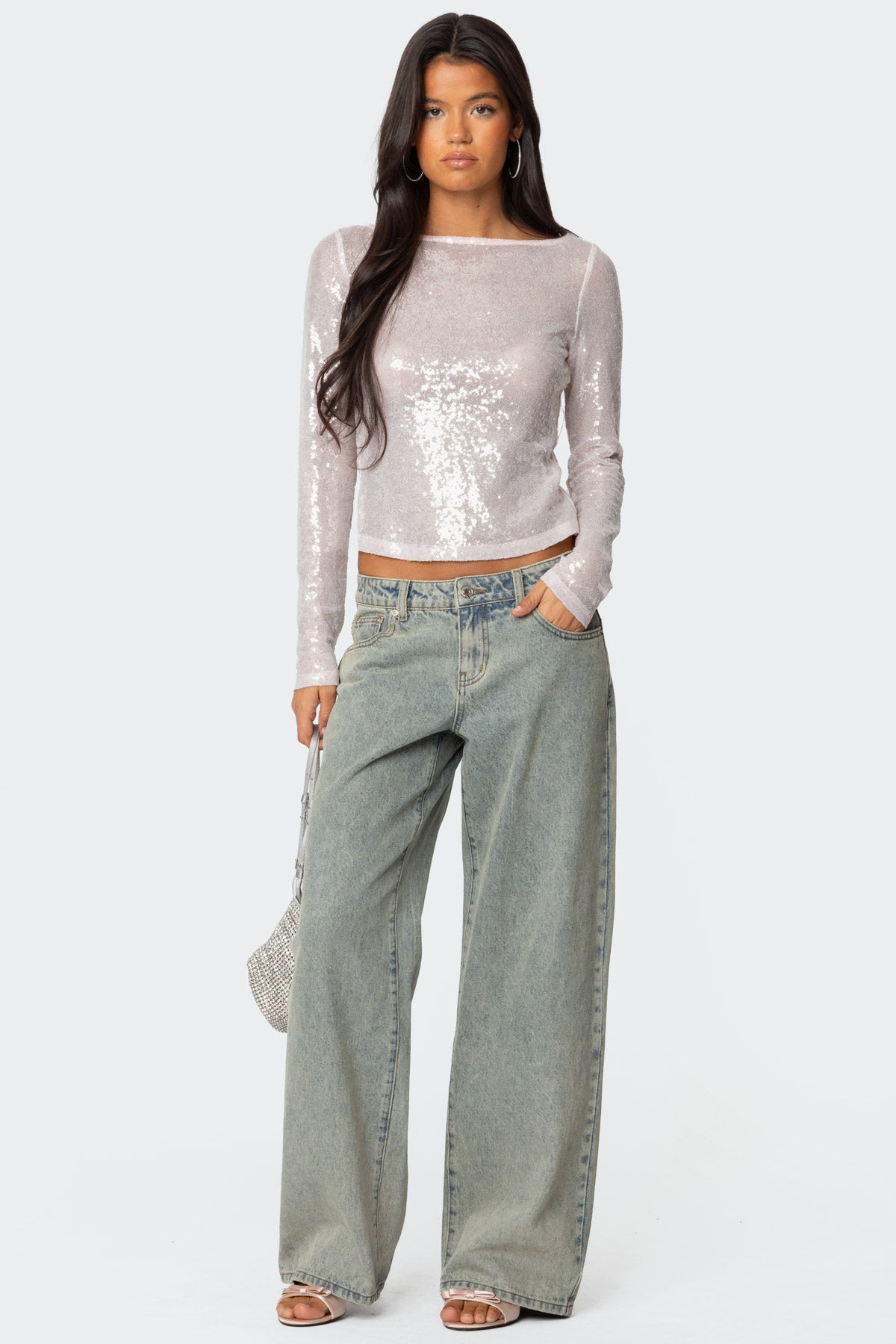 Sheer Sequin Boat Neck Top