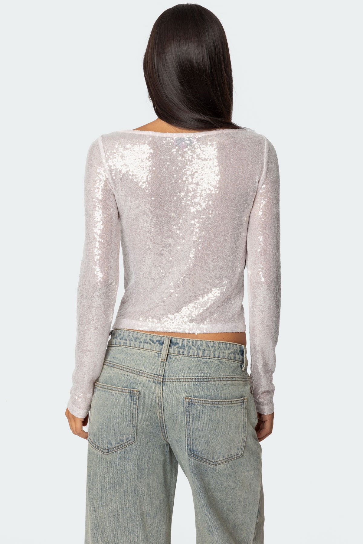 Sheer Sequin Boat Neck Top