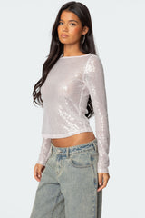 Sheer Sequin Boat Neck Top