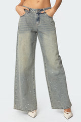 Rhinestone Low Rise Washed Jeans