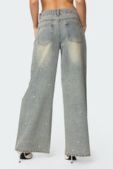 Rhinestone Low Rise Washed Jeans