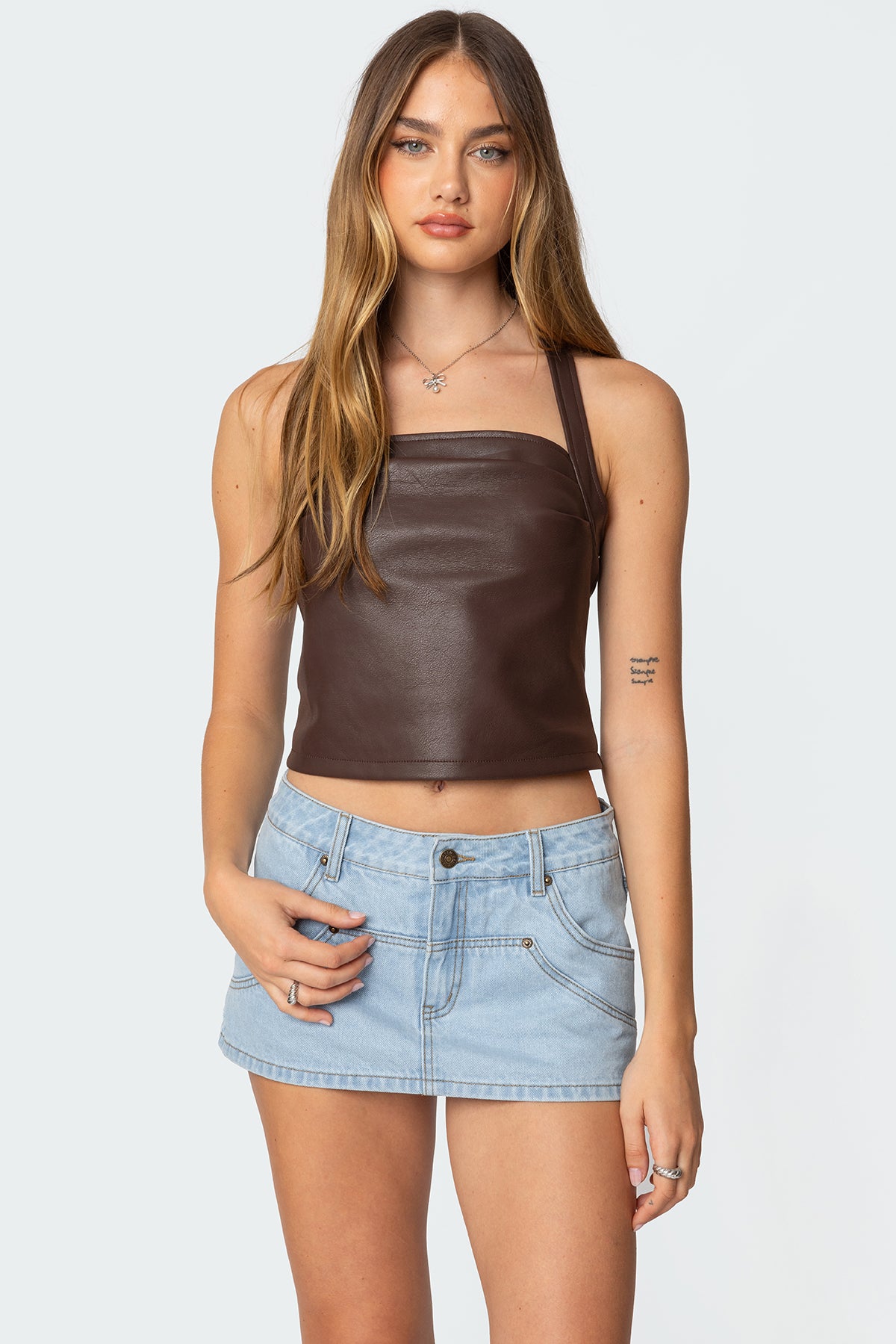 Draped Faux Leather Halter Top