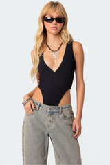 High Cut Ribbed V Neck Bodysuit