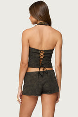 Taia Distressed Faux Leather Corset
