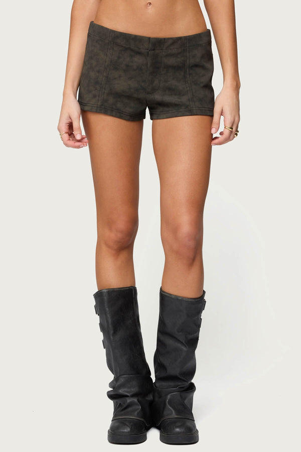 Taia Distressed Faux Leather Micro Shorts