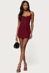 Faux Crystal Backless Mesh Mini Dress