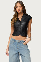 Faux Leather Tailored Button Up Top