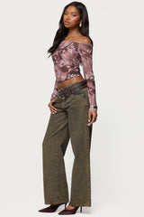 Off Shoulder Printed Sheer Mesh Top