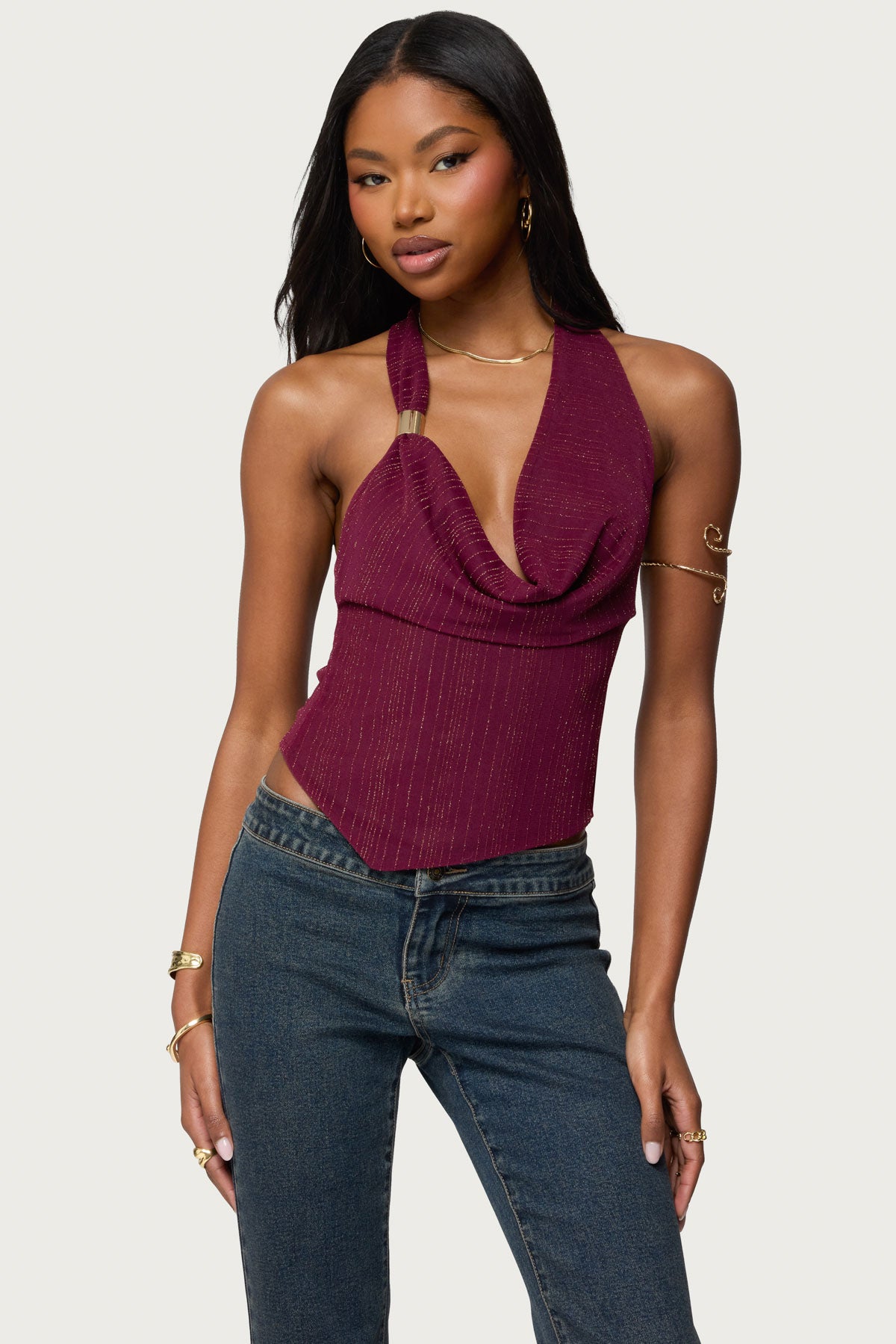 Mimi Asymmetric Textured Mesh Halter Top