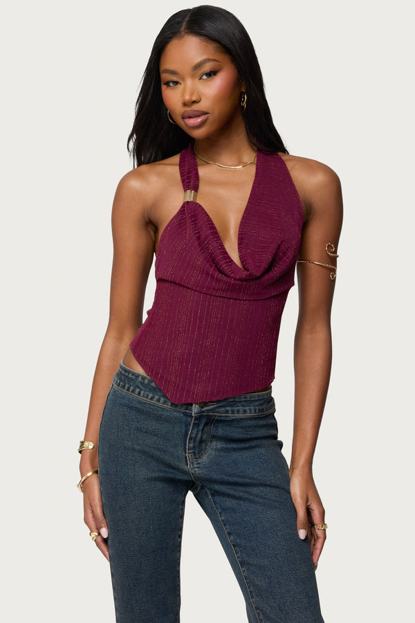 Mimi Asymmetric Textured Mesh Halter Top