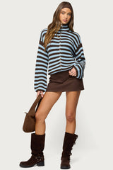 High Neck Striped Zip Up Sweater