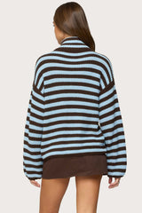 High Neck Striped Zip Up Sweater