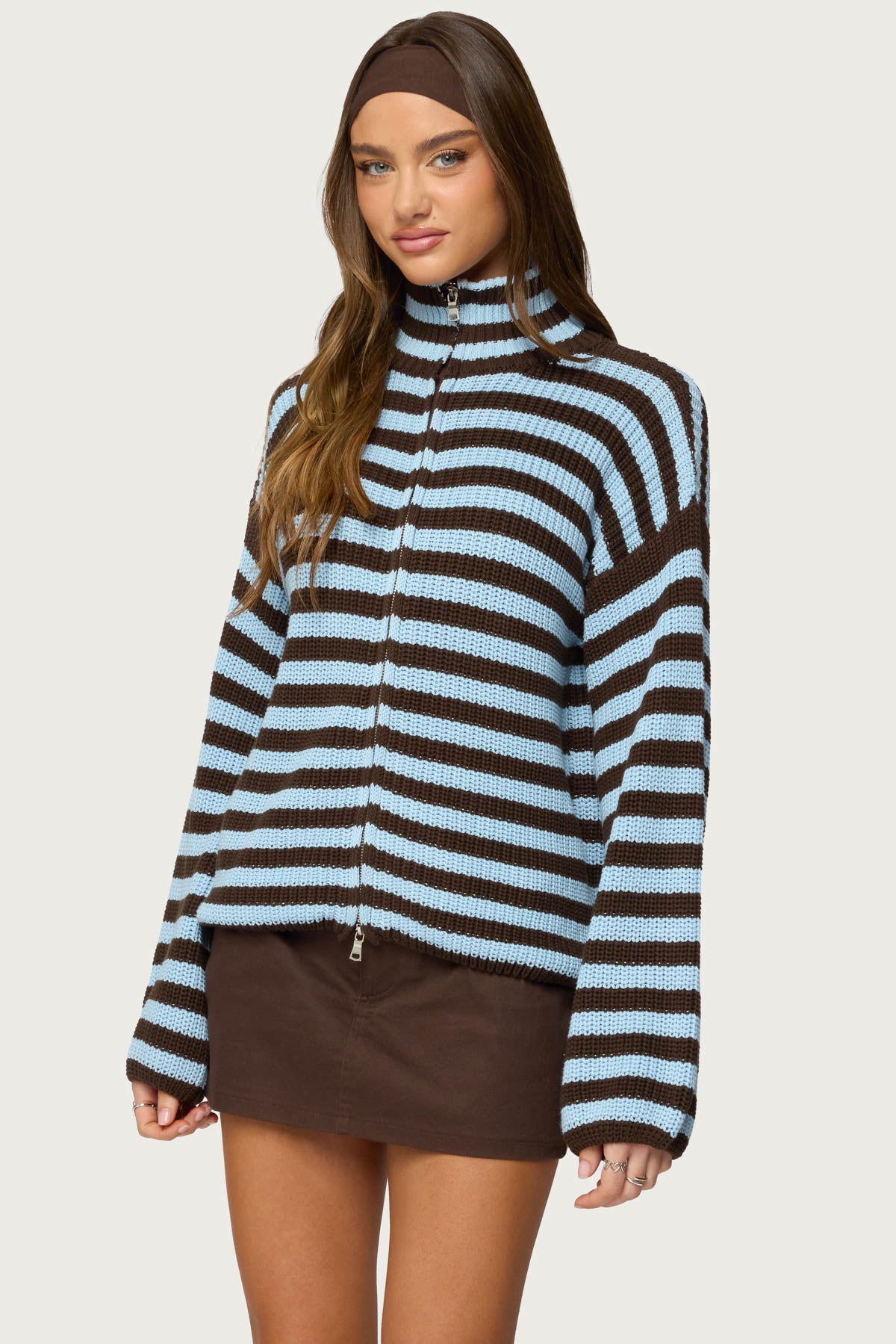 High Neck Striped Zip Up Sweater
