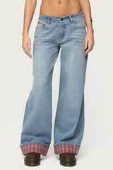 Plaid Cuffed Low Rise Baggy Jeans