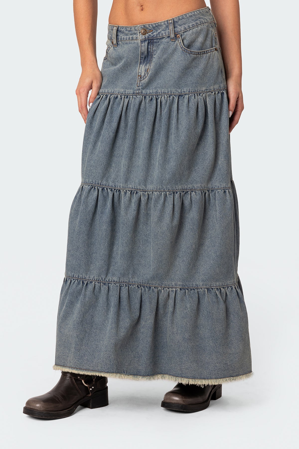 Countryside Tiered Washed Denim Maxi Skirt