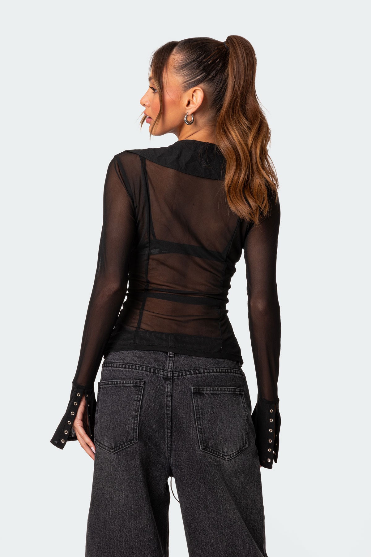 Lace Up Sheer Mesh Top