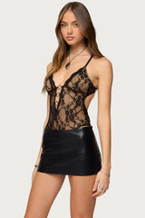 Liona Plunge Neck Sheer Lace Bodysuit
