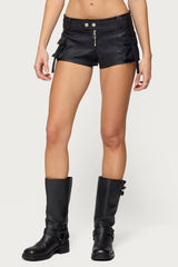 Washed Faux Leather Micro Cargo Shorts