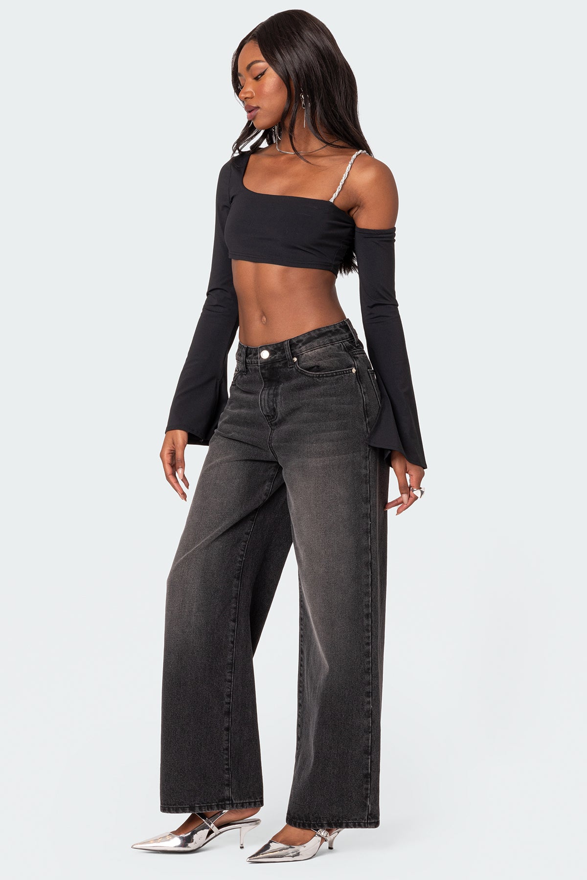 Rhinestone Strap Asymmetric Crop Top