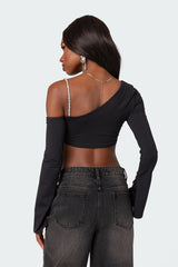 Rhinestone Strap Asymmetric Crop Top