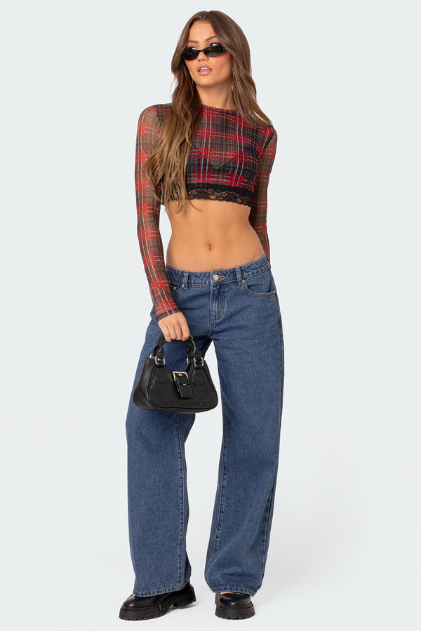 Noel Plaid Printed Mesh Crop Top