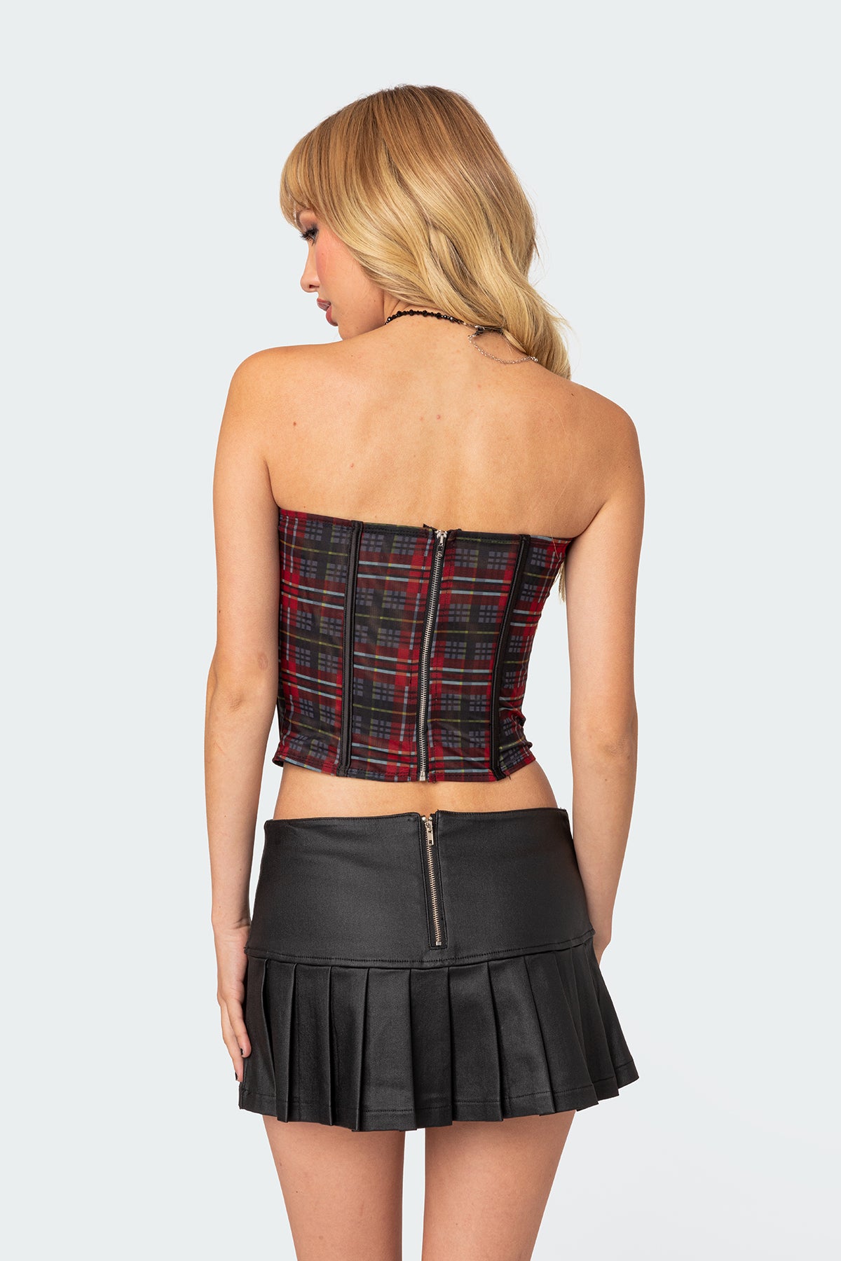 Tory Plaid Print Mesh Corset