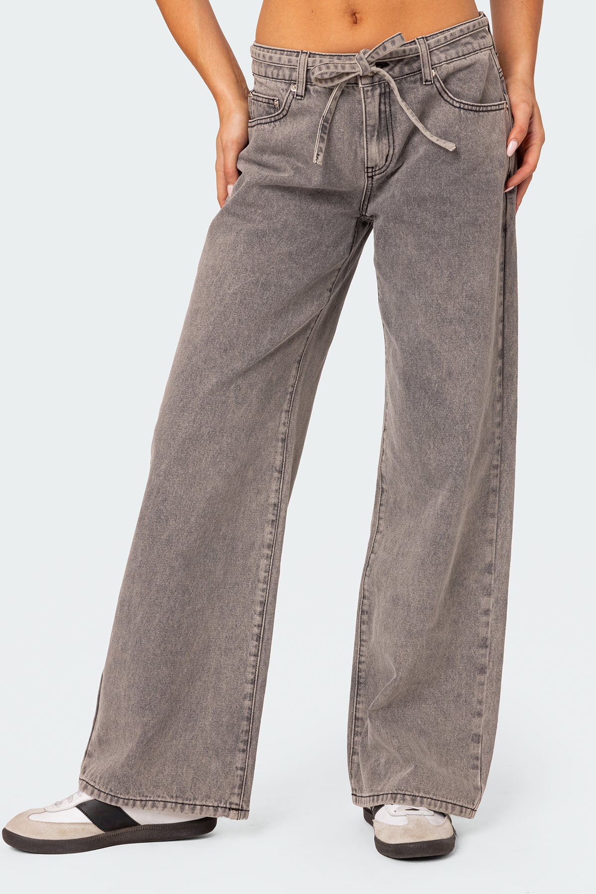 Tie Waist Washed Low Rise Jeans