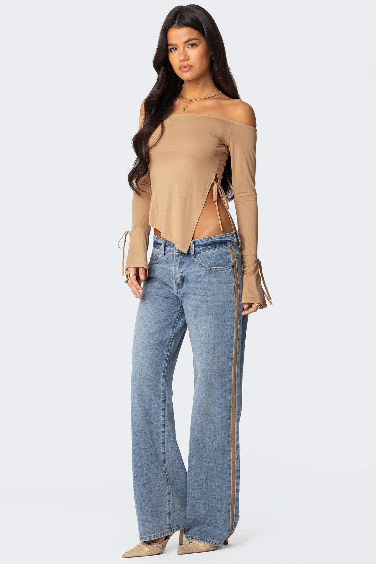 Faux Suede Stripe Low Rise Jeans