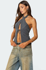 Split Front Pinstripe Halter Top