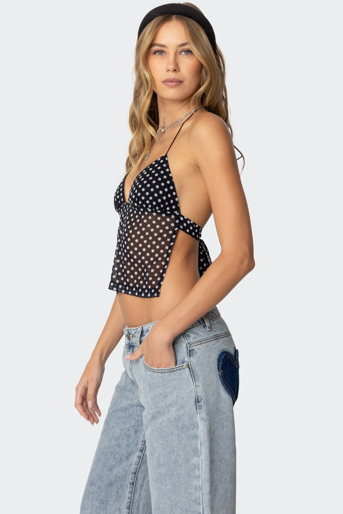 Polka Dot Backless Chiffon Top