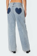 Contrast Heart Washed Low Rise Jeans