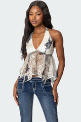 Asymmetric Printed Lace Halter Top