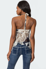 Asymmetric Printed Lace Halter Top