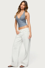 Lacey Polka Dot Lace Up Halter Top