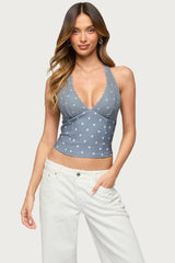 Lacey Polka Dot Lace Up Halter Top