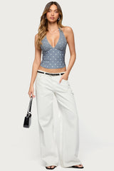 Lacey Polka Dot Lace Up Halter Top