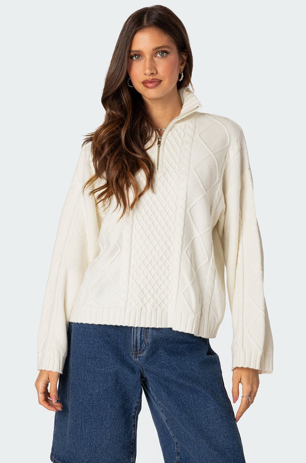 Oversized Quarter Zip Cable Knit Sweater