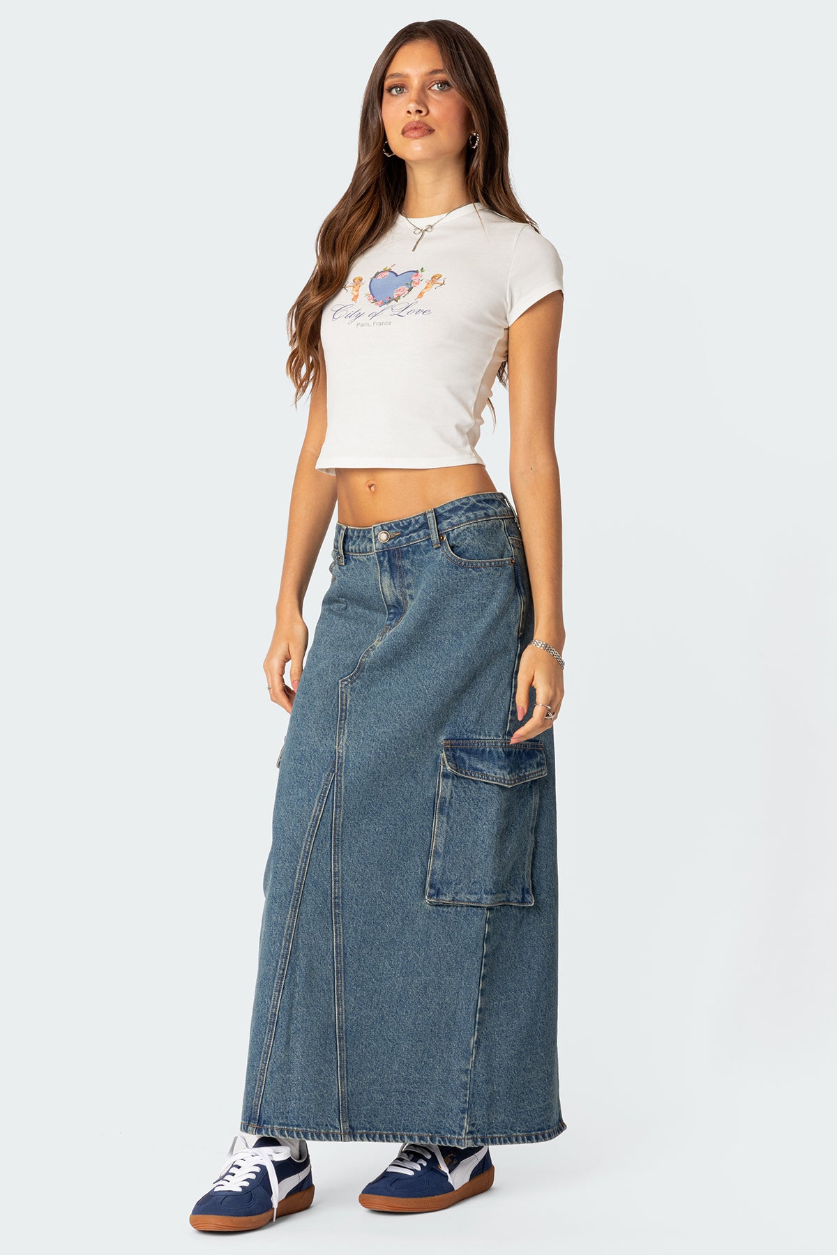 Slitted Cargo Denim Maxi Skirt